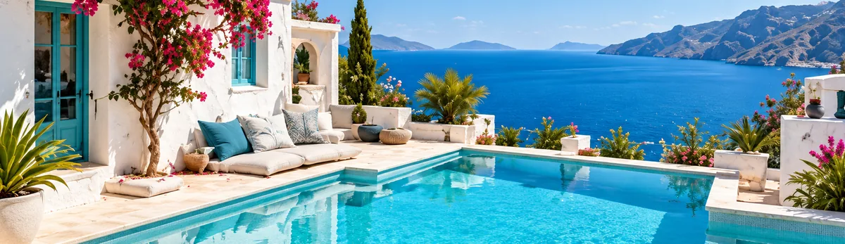 Whitewashed terrace with pool, bougainvillea and sea view