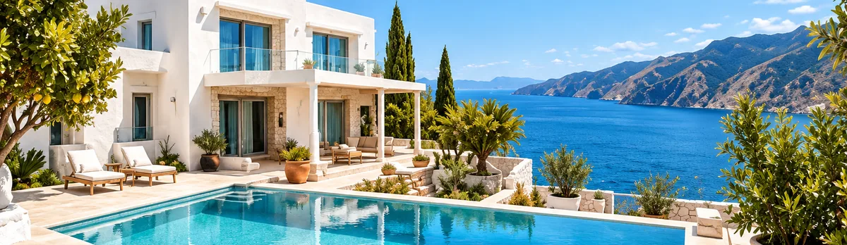 Modern white villa with pool and sea view
