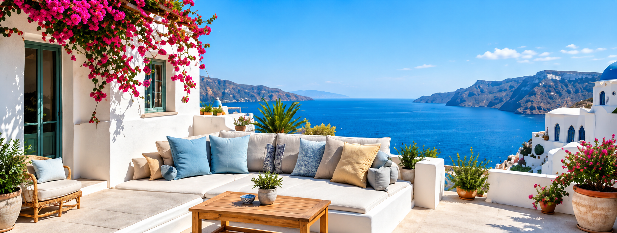 Sunny terrace with sea view and outdoor sofa