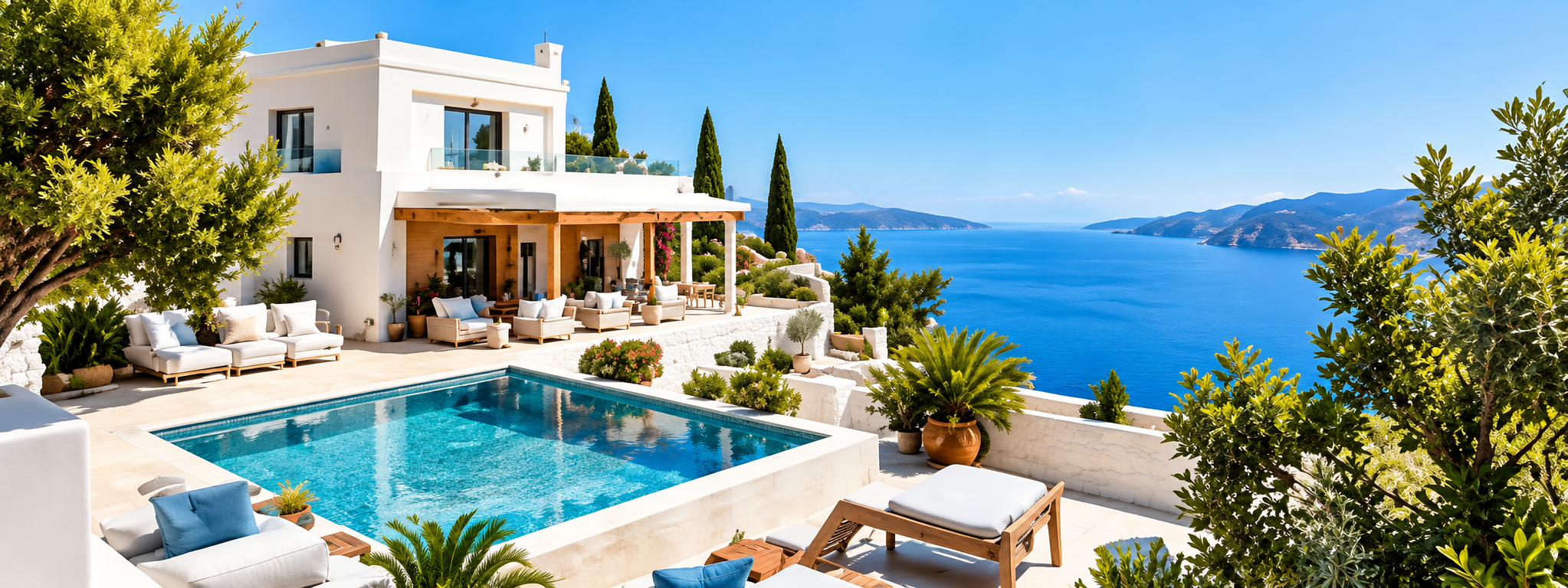 White villa with pool overlooking the sea